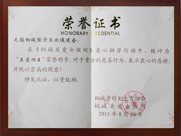 2015年關(guān)愛工程榮譽(yù)證書